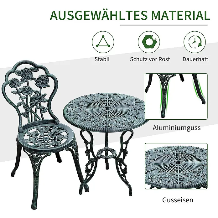 SONNENH Balkonmöbel-Set - 3 -tlg., Eisen, Grün - Patiniertes grünes Gussmetall-Bistro-Set (Stuhl & Tisch) mit Rosenmuster, langlebig und rostbeständig aus Aluminium und Eisen.
