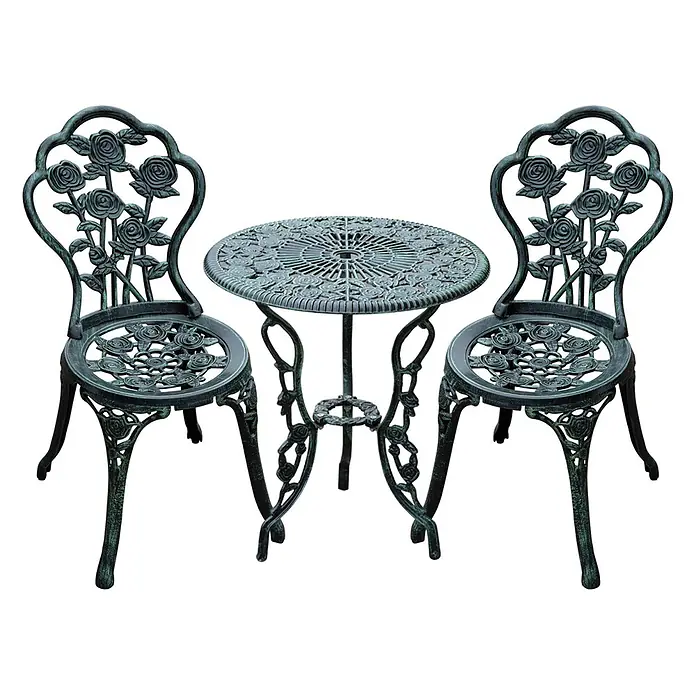 SONNENH Balkonmöbel-Set - 3 -tlg., Eisen, Grün - Dunkelgrünes Gusseisen-Bistroset mit verziertem Rosenmotiv auf Tisch und Stühlen.