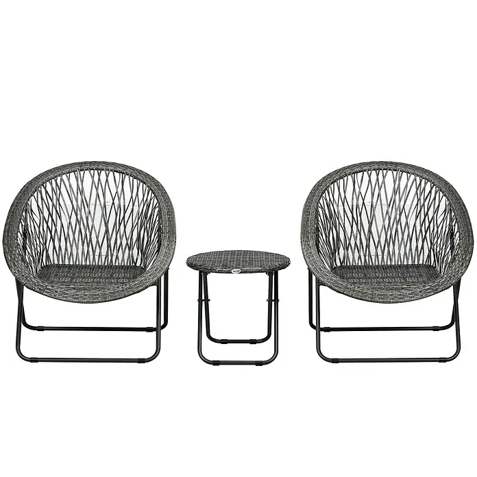 SONNENH Balkonmöbel-Set, 3-teilig, klappbar, Polyrattan, Grau -  - Graues Rattan-Bistro-Set für die Terrasse mit zwei runden Stühlen und einem runden Tisch.