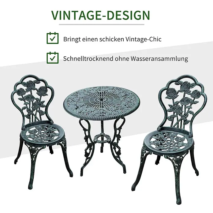SONNENH Balkonmöbel-Set - 3 -tlg., Eisen, Grün - Dunkelgrünes Vintage-Bistro-Set aus Gusseisen mit Rosendekor-Tisch und zwei Stühlen.