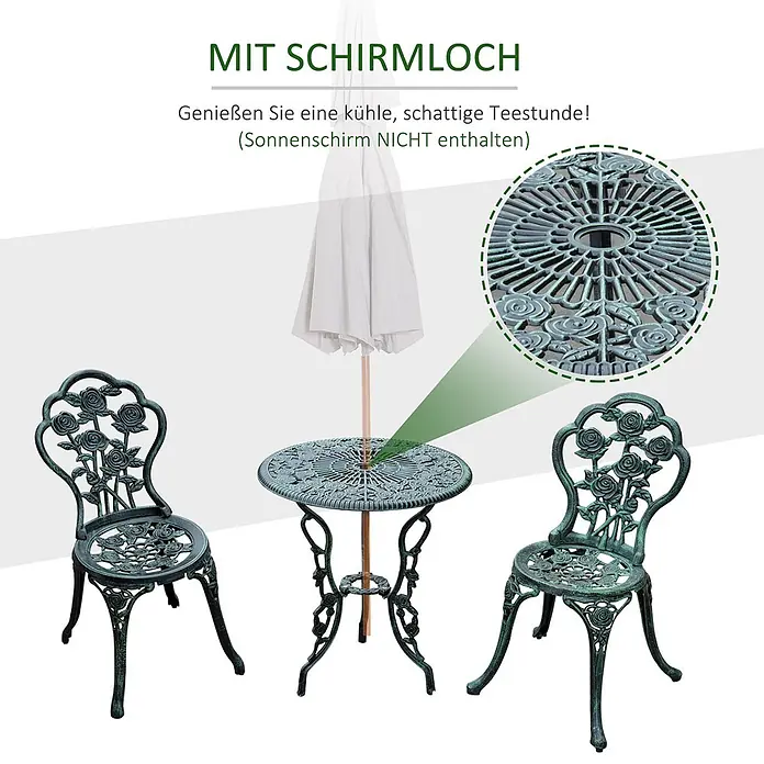 SONNENH Balkonmöbel-Set - 3 -tlg., Eisen, Grün - Dunkelgrünes Gusseisen-Bistroset mit zwei Stühlen und einem Tisch mit Rosenmuster und Schirmloch.
