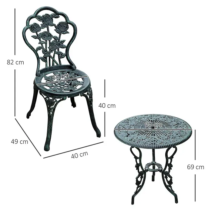 SONNENH Balkonmöbel-Set - 3 -tlg., Eisen, Grün - Antikgrünes Gusseisen-Bistroset: Stuhl und runder Tisch mit aufwendigem Rosenmotiv.