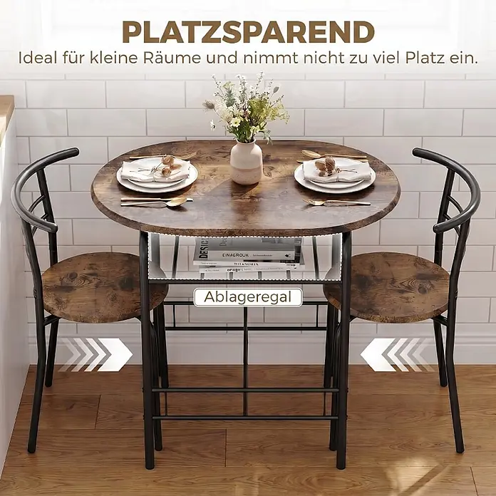 SONNENH Essgruppe, 3-teilig, mit Ablage, rustikale Holzoptik -  - Platzsparendes Esstisch-Set mit runder Holzoptikplatte, zwei passenden Stühlen und einem Metallablagefach darunter.