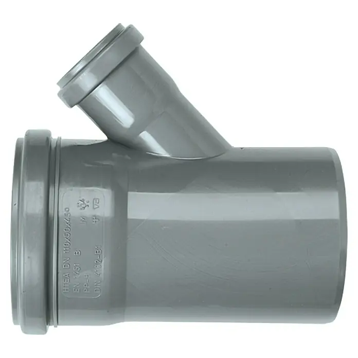 HT-Abzweig - DN 110/50, 45 ° - Graues HT-Abzweigrohr DN 110x50x45° für Abwasserinstallationen im Innenbereich. Robustes und langlebiges Kunststoffmaterial.
