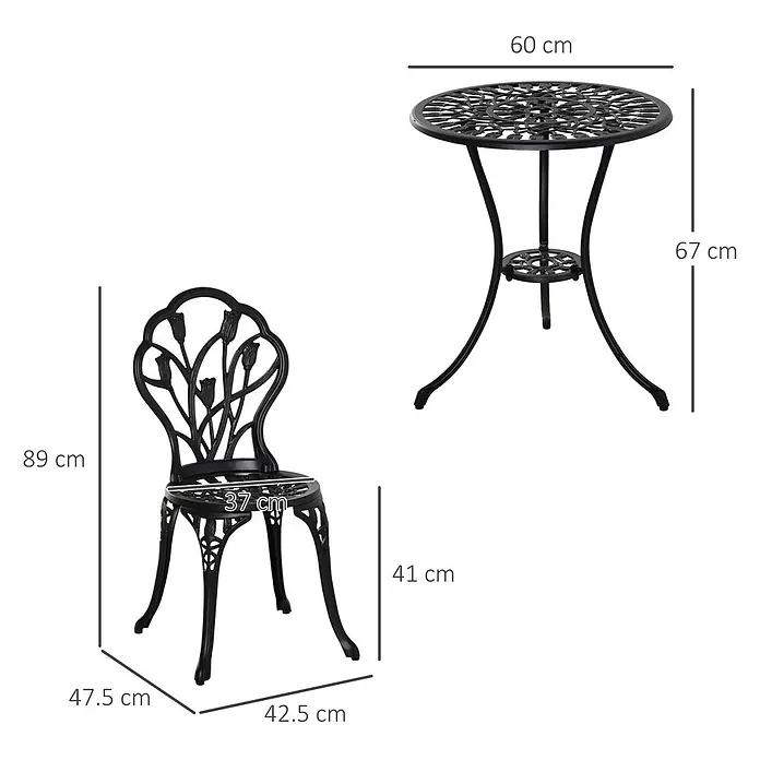 SONNENH Balkonmöbel-Set - 3 -tlg., Aluminium, Klappbar, Schwarz - Schwarzes, verziertes Metall-Bistro-Set mit rundem Tisch und Stuhl, mit dekorativen Blumenmustern.