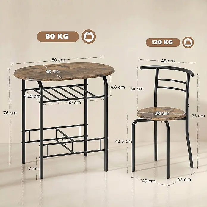 SONNENH Essgruppe, 3-teilig, mit Ablage, rustikale Holzoptik -  - Bistrotisch- und Stuhl-Set mit Holz-Optik-Platten und schwarzen Metallgestellen, Maße angezeigt.
