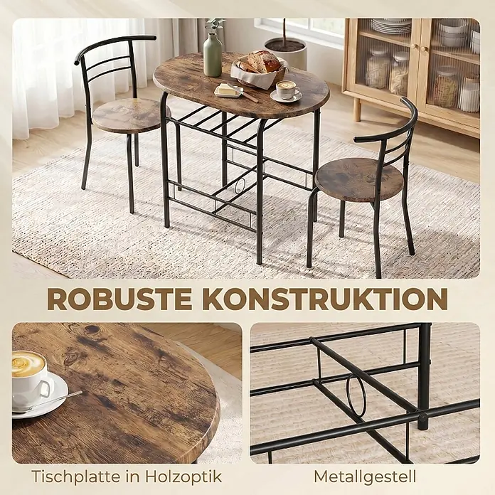 SONNENH Essgruppe, 3-teilig, mit Ablage, rustikale Holzoptik -  - Kompakte Essgruppe mit ovalem Tisch in dunkler Holzoptik und zwei Stühlen mit passenden Sitzen und schwarzen Metallrahmen, in einem Raum.