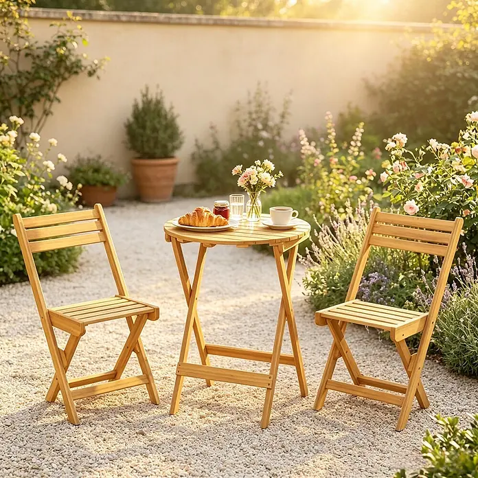 SONNENH Balkonmöbel-Set - 3 -tlg., Akazienholz, Klappbar, Naturbraun - Helles Holz-Bistro-Set mit rundem Tisch und zwei Klappstühlen, genutzt für Mahlzeiten im Garten.