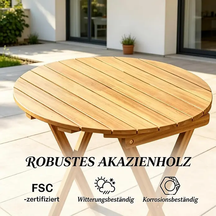 SONNENH Balkonmöbel-Set - 3 -tlg., Akazienholz, Klappbar, Naturbraun - Robust, runder Akazienholz-Gartentisch mit Lattenplatte, witterungs- und korrosionsbeständig.