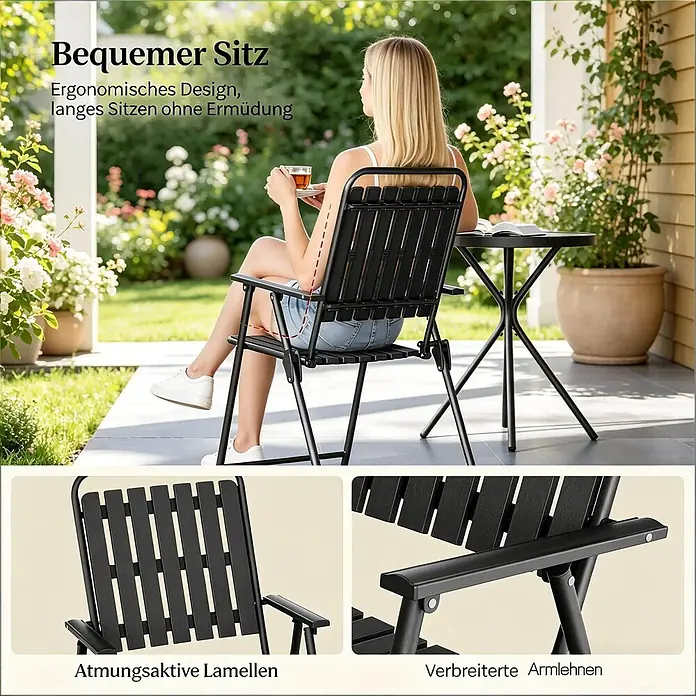 SONNENH Balkonmöbel-Set - 3 -tlg., Glas, Eisen, Polypropylen, Klappbar, Schwarz - Schwarzes klappbares Terrassenstuhl- und Tisch-Set, für entspannte Stunden im Freien konzipiert.