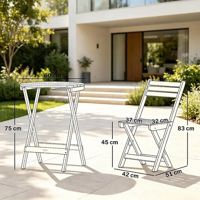 SONNENH Balkonmöbel-Set - 3 -tlg., Akazienholz, Klappbar, Naturbraun - Heller Klapptisch (Ø60x75 cm) und Stuhl (83 cm H) mit Maßen für Terrasse.
