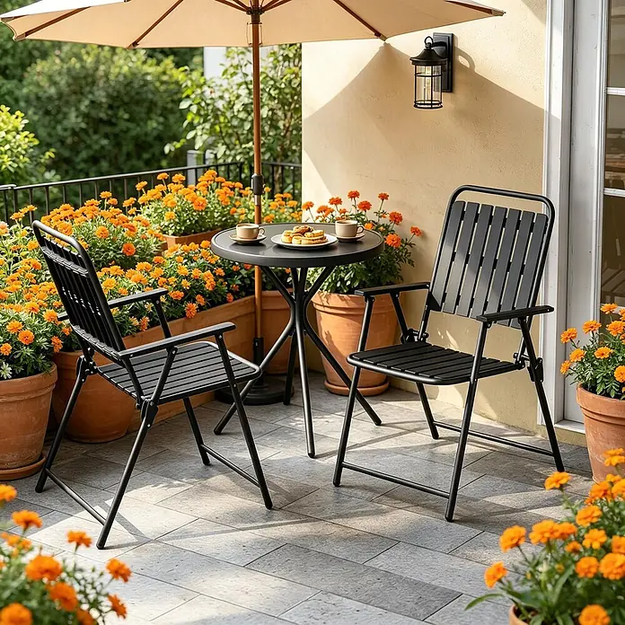 SONNENH Balkonmöbel-Set - 3 -tlg., Glas, Eisen, Polypropylen, Klappbar, Schwarz - Schwarzes Bistro-Set aus Metall: runder Tisch und zwei Klappstühle auf einer Terrasse, mit Kaffee und Snacks.