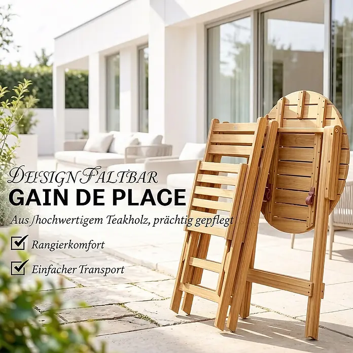 SONNENH Balkon-Bistroset aus Akazienholz, 3-teilig, klappbar, Natur -  - Hochwertiges klappbares Teakholz-Gartenset mit Rundtisch und Stühlen, kompakt auf einer Terrasse gelagert.