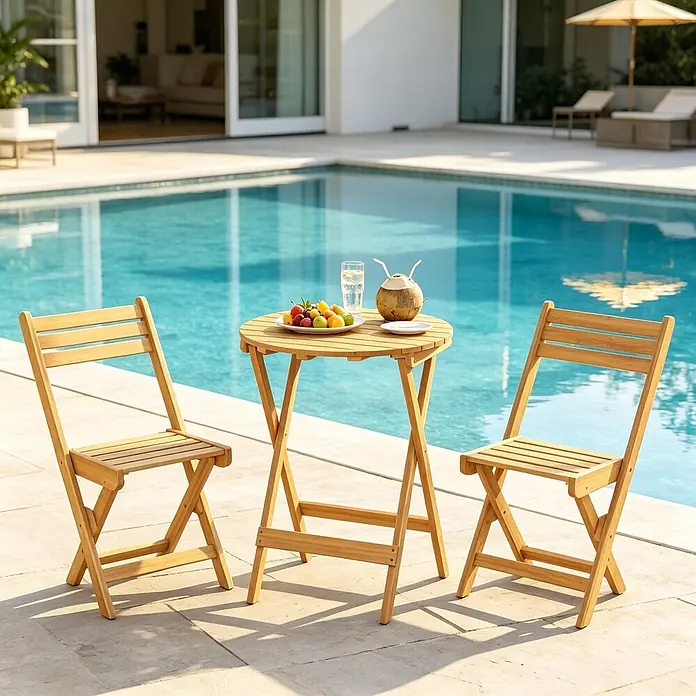 SONNENH Balkon-Bistroset aus Akazienholz, 3-teilig, klappbar, Natur -  - Klappbares Bistro-Set aus Naturholz mit zwei Stühlen und einem Tisch am Pool, mit Obst und Getränken.