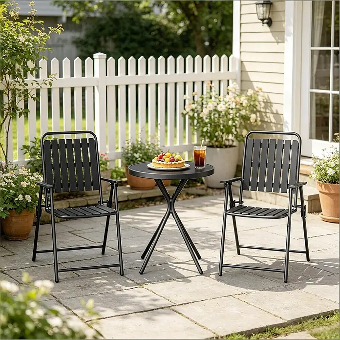 SONNENH Balkonmöbel-Set - 3 -tlg., Glas, Eisen, Polypropylen, Klappbar, Schwarz - Schwarzes Metall-Bistro-Set für den Außenbereich mit zwei Lattenstühlen und einem runden Tisch auf einer Terrasse, mit Fruchttarte und Getränk.