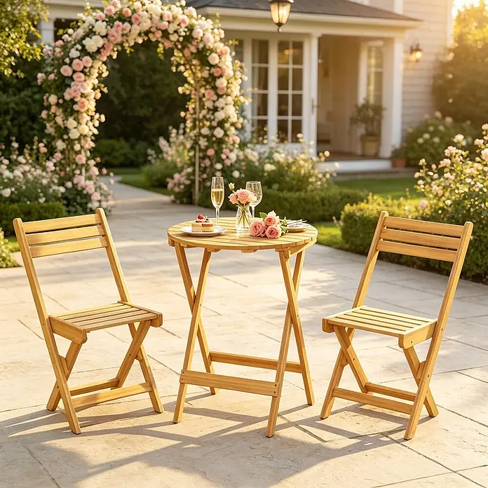 SONNENH Balkon-Bistroset aus Akazienholz, 3-teilig, klappbar, Natur -  - Helles Holzbistro-Set mit rundem Tisch und zwei Klappstühlen auf einer Terrasse.