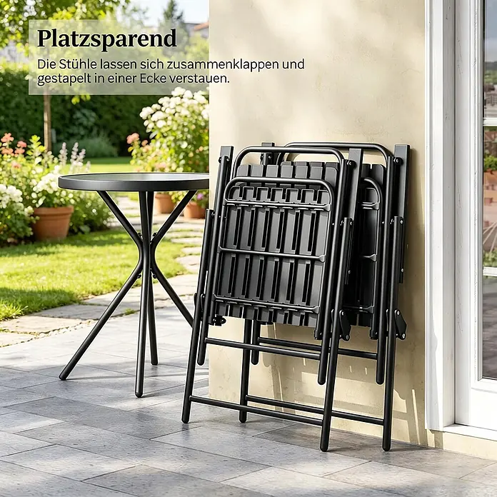 SONNENH Balkonmöbel-Set - 3 -tlg., Glas, Eisen, Polypropylen, Klappbar, Schwarz - Zwei gefaltete schwarze Metall-Gartenstühle stehen platzsparend neben einem Tisch auf der Terrasse.
