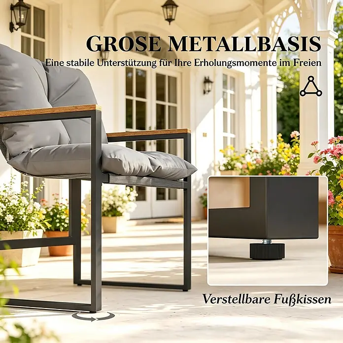 SONNENH Balkonmöbel-Set - 3 -tlg., Baumwolle, Metall, Polyester, Gehärtetes Glas, Textilene, Schwarz - Dunkelgrauer Metall-Sessel mit grauen Kissen und Holzarmlehnen. Stabile Basis und verstellbare Füße für Outdoor-Entspannung.