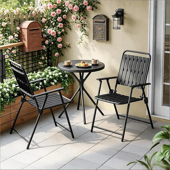 SONNENH Balkonmöbel-Set - 3 -tlg., Glas, Eisen, Polypropylen, Klappbar, Schwarz - Schwarzes klappbares Bistrotisch-Set aus Metall mit zwei Stühlen, Kaffee und Gebäck auf einem gefliesten Balkon mit Rosen.