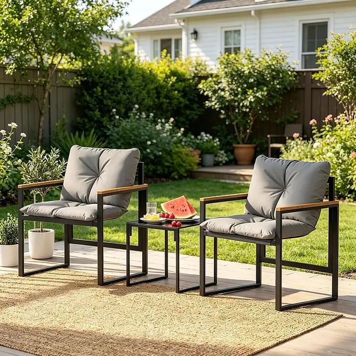 SONNENH Balkonmöbel-Set - 3 -tlg., Baumwolle, Metall, Polyester, Gehärtetes Glas, Textilene, Schwarz - Zwei schwarze Outdoor-Stühle mit grauen Kissen und ein Beistelltisch mit Obst auf einem Teppich im Garten.
