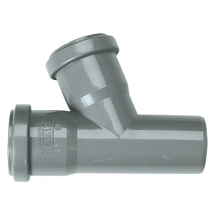 HT-Abzweig - DN 50, 67 ° - Grauer Kunststoff-Abzweig für Abwasserrohre, ideal für Sanitärinstallationen und den Anschluss von Leitungen im Hausbau.