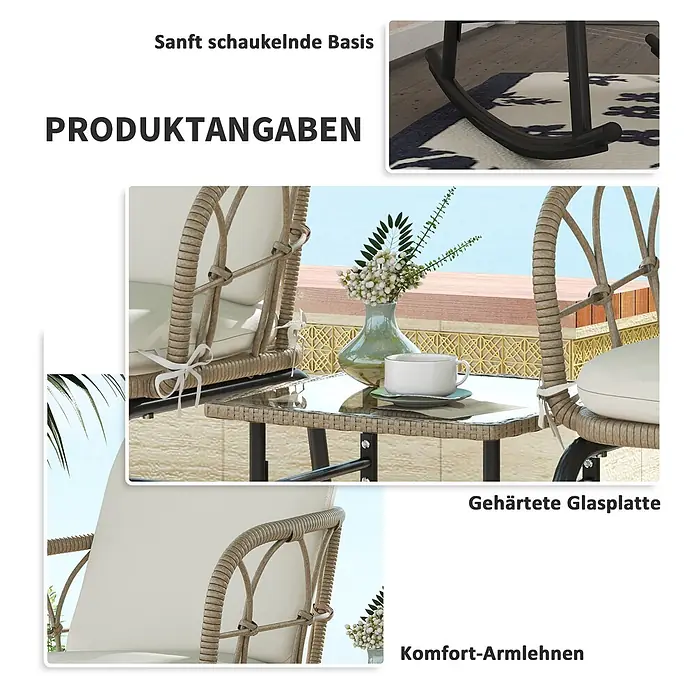 Outsunny Garten-Schaukelstuhl 3-tlg. mit Tisch - 2 Stk., PE Polyrattan, Gelb, Cremeweiß - Beiges Rattan-Terrassenset: zwei Schaukelstühle mit Kissen und ein Glastisch.