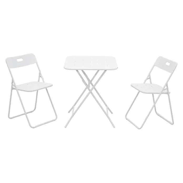 SONNENH Balkonmöbel-Set - 3 -tlg., Stahl, Klappbar, Weiß - Weißes Klapptisch-Set mit zwei Stühlen aus Kunststoff und Metall.