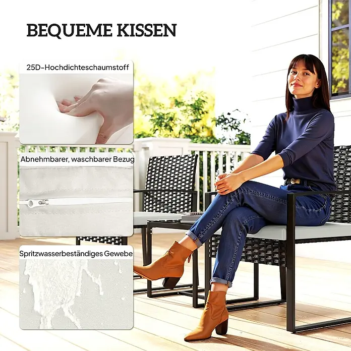 SONNENH Balkonmöbel-Set - 3 -tlg., Stahl, Cremeweiß/Grau - Outdoor-Sitzgruppe mit bequemen, spritzwasserbeständigen Kissen aus hochdichtem Schaumstoff und abnehmbarem Bezug, gezeigt mit einer sitzenden Frau.