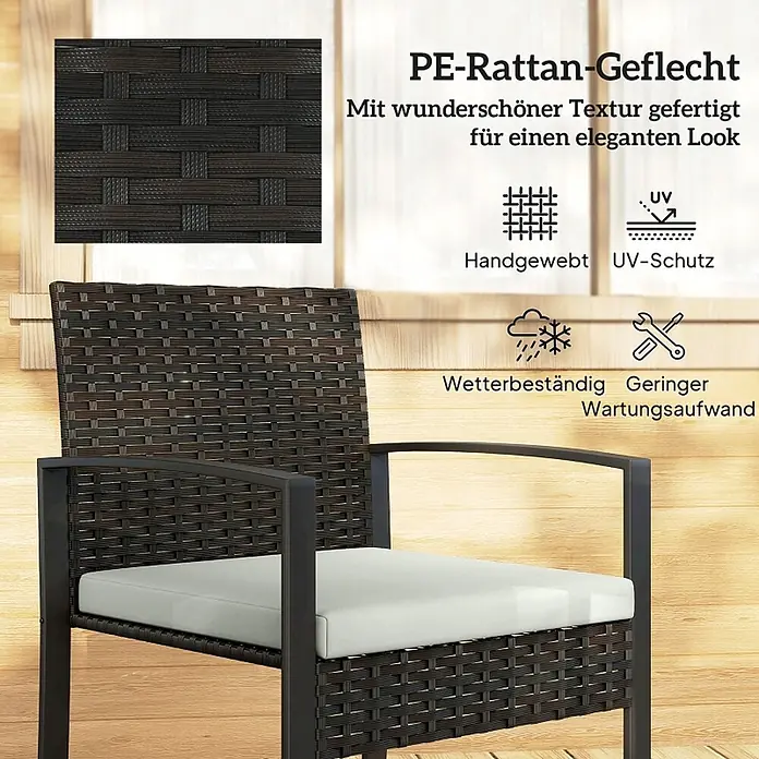 SONNENH Balkonmöbel-Set - 3 -tlg., Stahl, Cremeweiß/Grau - Dunkelbrauner PE-Rattan-Stuhl mit weißem Kissen, der seine handgewebte Textur, UV-Schutz und Wetterbeständigkeit zeigt.
