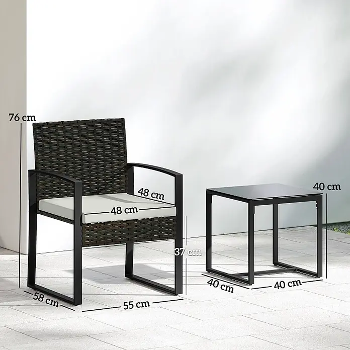 SONNENH Balkonmöbel-Set - 3 -tlg., Stahl, Cremeweiß/Grau - Dunkelbrauner Rattan-Stuhl mit weißem Kissen (76cm H) und schwarzem Metall-Beistelltisch (40cm H, 40x40cm Platte), Maße angezeigt.