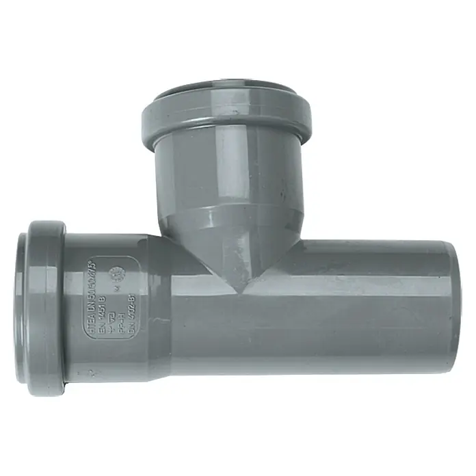 HT-Abzweig - DN 50, 87 ° - Graues Kunststoff-T-Stück für Rohre, ideal für Sanitärinstallationen und Abwasserleitungen. Robuste Bauweise für zuverlässige Verbindungen.