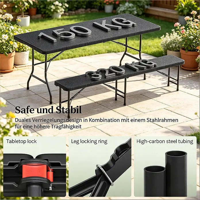 SONNENH Bierzeltgarnitur - 3 -tlg., HDPE, Metall, Klappbar, Schwarz - Schwarzer Klapptisch und Bank auf einer Terrasse, mit hoher Tragfähigkeit (150kg Tisch, 320kg Bank), Stahlrahmen und doppeltem Verriegelungsdesign.
