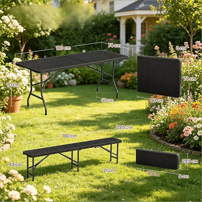 SONNENH Bierzeltgarnitur - 3 -tlg., HDPE, Metall, Klappbar, Schwarz - Schwarz klappbarer Gartentisch und Bank-Set, zusammengeklappt und ausgeklappt mit Maßen, in einem Garten.
