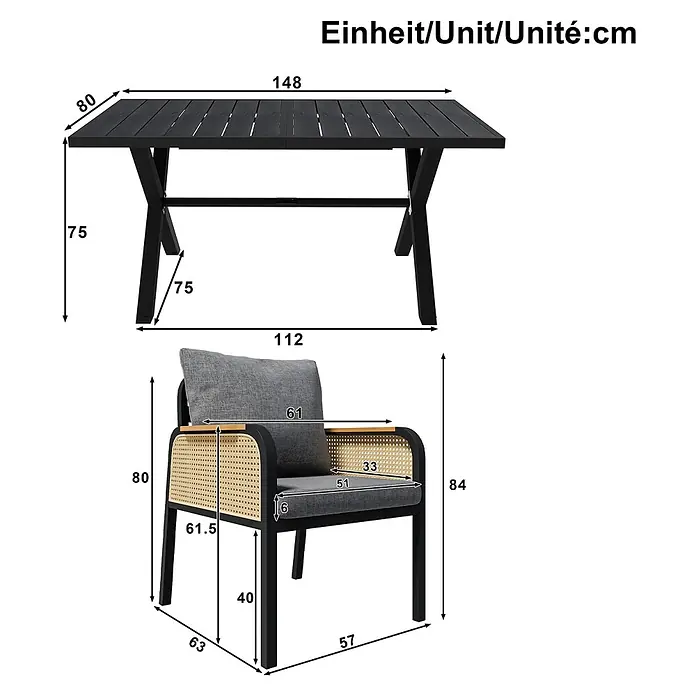 SONNENH Gartenmöbel-Set - 6 -tlg., Eisen, Polyester, Schwarz/Natur - Schwarzer Lamellen-Esstisch (148x80x75 cm) und Stuhl mit grauem Polster, schwarzem Gestell und Rattan-Details (84x63x57 cm), mit Maßen.