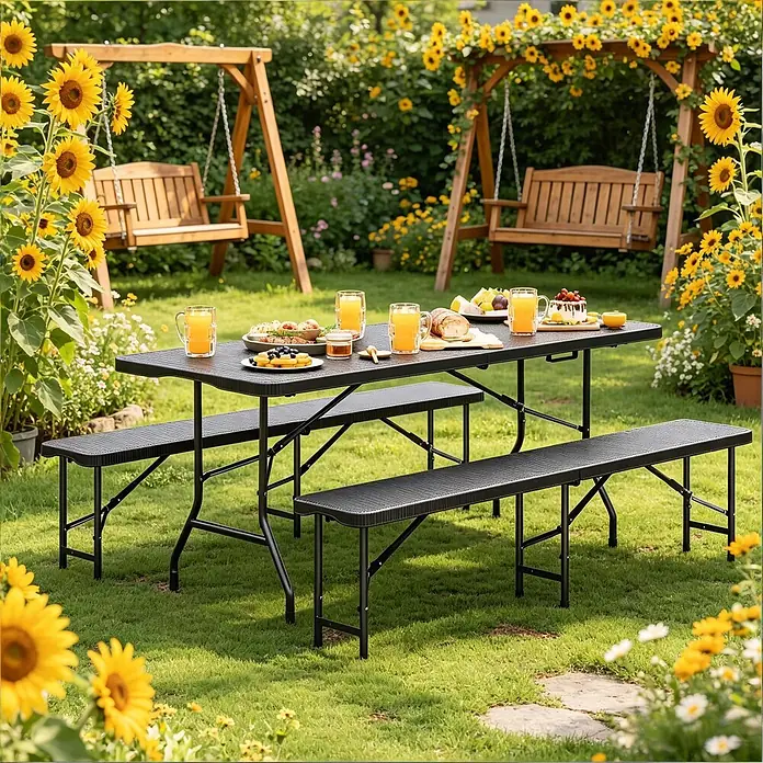 SONNENH Bierzeltgarnitur - 3 -tlg., HDPE, Metall, Klappbar, Schwarz - Schwarzer Klapp-Picknicktisch mit zwei passenden Bänken, für eine Mahlzeit im sonnigen Garten.