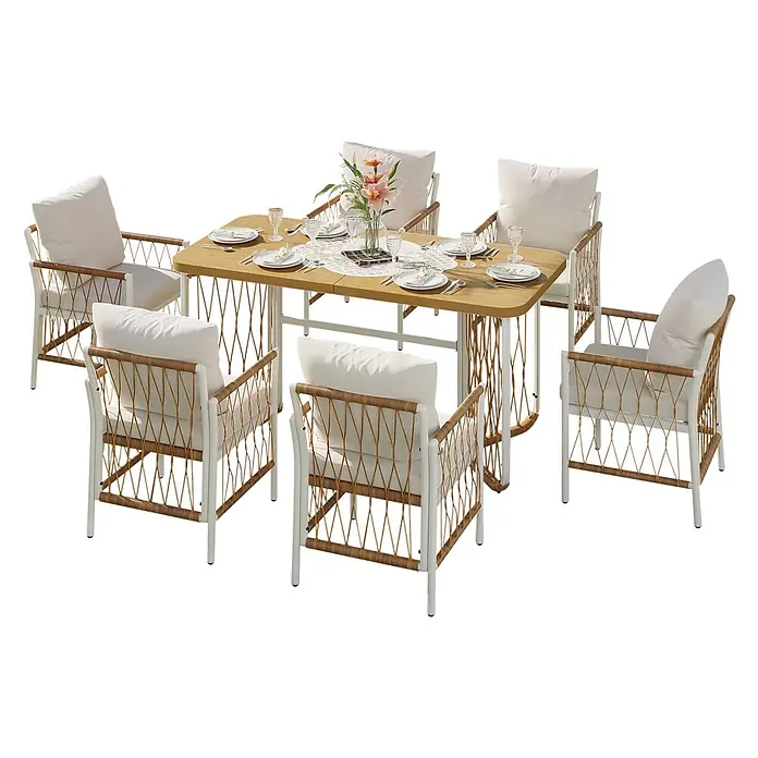 SONNENH Gartenmöbel-Set - 7 -tlg., Eisen, Polyester, Beige/Braun/Natur - Outdoor-Essgruppe mit hellem Holztisch und sechs Stühlen. Stühle haben weiße Metallrahmen, naturfarbenes Geflecht und weiße Kissen.