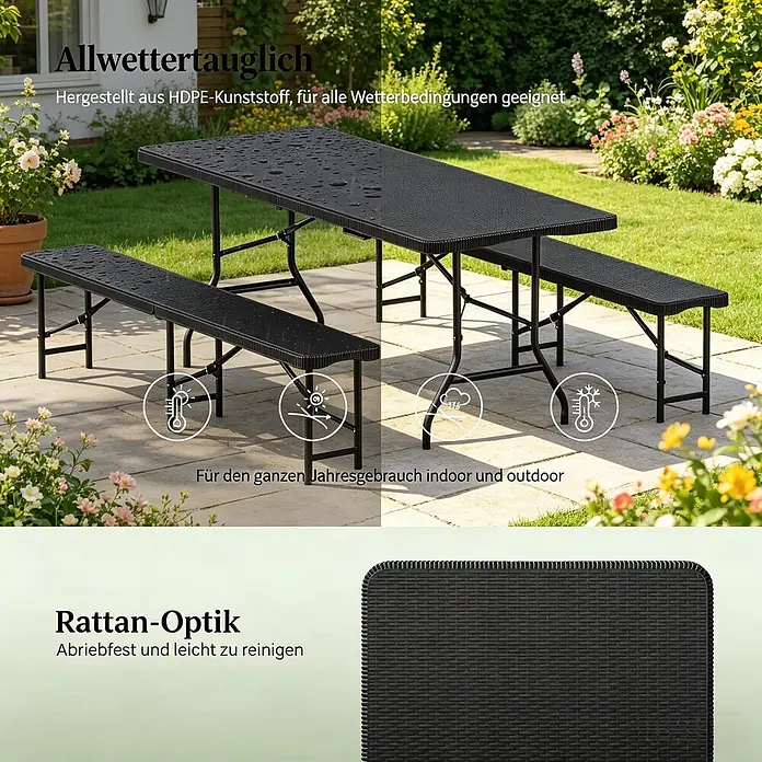 SONNENH Bierzeltgarnitur - 3 -tlg., HDPE, Metall, Klappbar, Schwarz - Schwarze Rattan-Optik HDPE Kunststoff Klapp-Picknicktischgruppe mit Bänken, wetterfest im Garten.