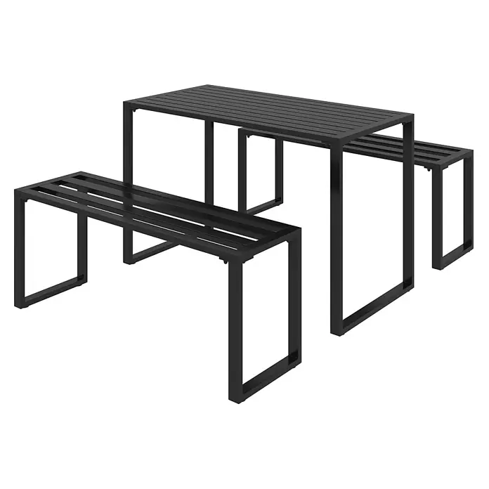 SONNENH Bierzeltgarnitur - 3 -tlg., Metall, Schwarz - Schwarzes Gartenset aus Metall mit Lattenoptik, bestehend aus rechteckigem Tisch und zwei Bänken.