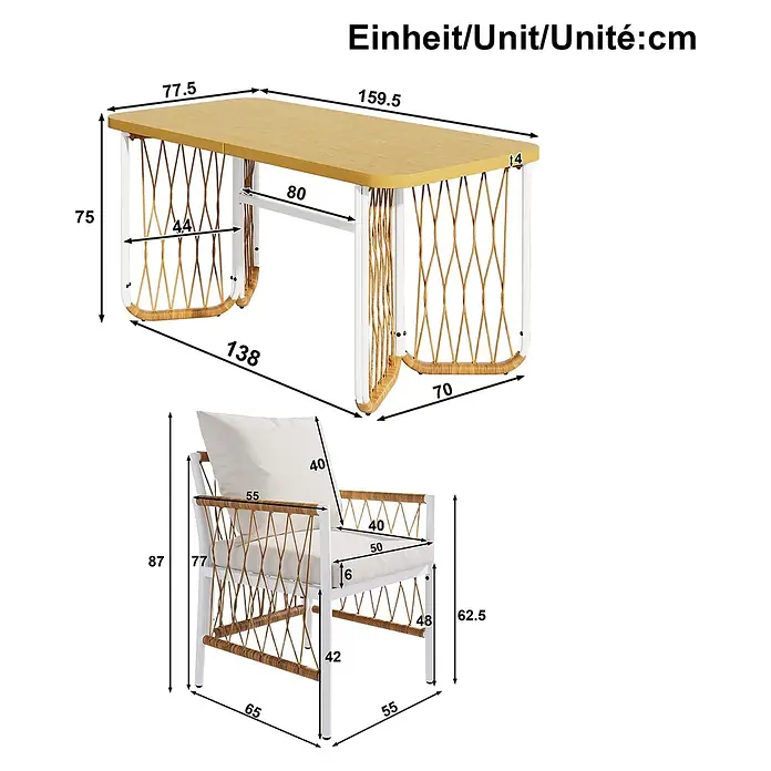 SONNENH Gartenmöbel-Set - 7 -tlg., Eisen, Polyester, Beige/Braun/Natur - Maße für einen modernen Esstisch mit heller Holzplatte und Geflechtseiten sowie einem passenden Stuhl mit weißem Rahmen und Rattan-Details.