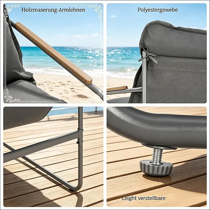 SONNENH Balkonmöbel-Set - 3 -tlg., Glas, Metall, Grau - Grauer Outdoor-Liegestuhl mit Holzmaserungs-Armlehnen, Polyestergewebe, Metallrahmen und leicht verstellbaren Füßen.