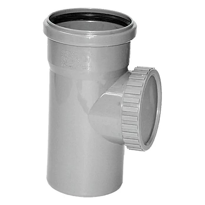 HT-Reinigungsrohr - DN 110 - Graues PVC-T-Stück für Abwasserleitungen mit seitlichem Abzweig und Dichtring. Robust und langlebig für den Einsatz im Sanitärbereich.