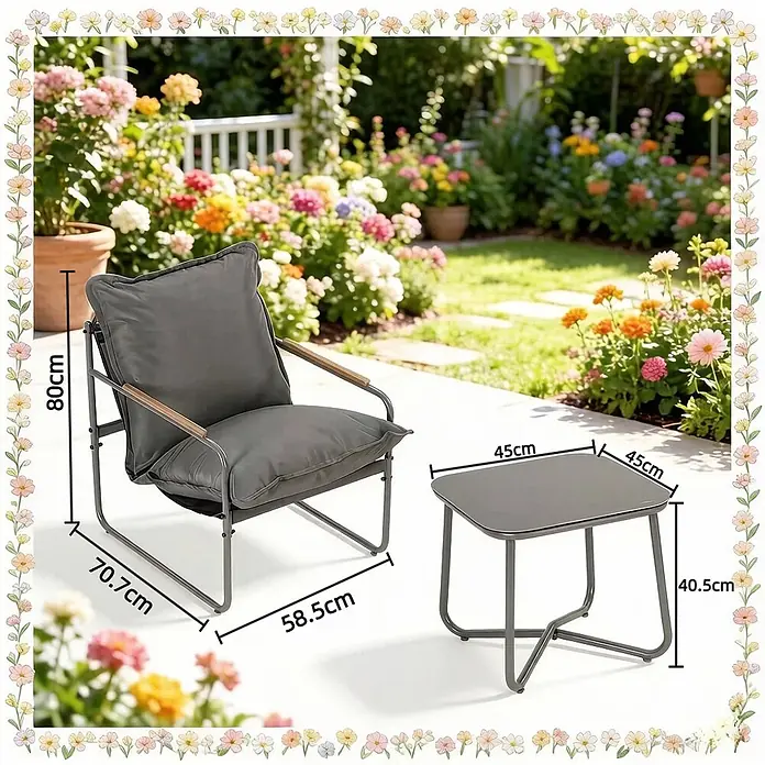 SONNENH Balkonmöbel-Set - 3 -tlg., Glas, Metall, Grau - Dunkelgrauer Terrassensessel und Beistelltisch aus Metall mit Holzarmlehnen, mit Maßen.