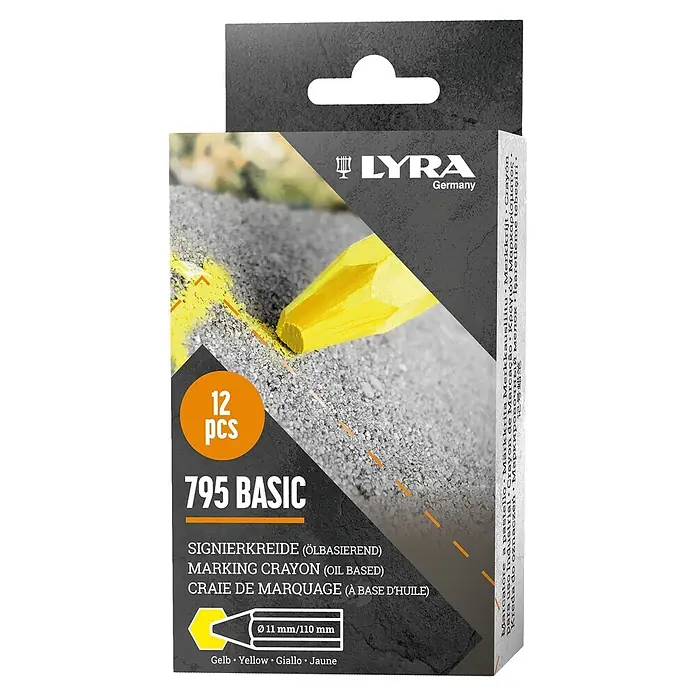 Lyra Signierkreide - Gelb, 12 Stk. - Packung mit 12 gelben Lyra Ölkreiden. Eine Kreide markiert auf grauem, körnigem Untergrund.