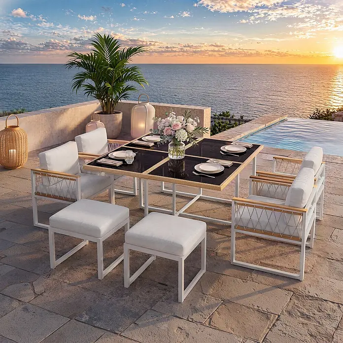 SONNENH Gartenmöbel-Set - 7 -tlg., Schaumstoff, Metall, Rattan, Textil, Natur/Weiß - Outdoor-Esstischgruppe mit weißen Gestellen, hellen Polstern und dunklem, Korbflecht-Tisch auf Meerblick-Terrasse.