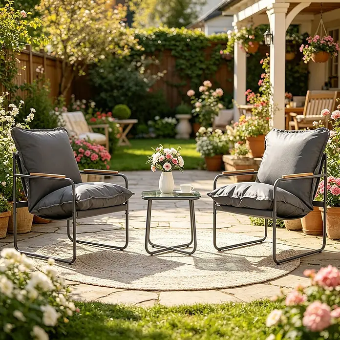 SONNENH Balkonmöbel-Set - 3 -tlg., Glas, Metall, Grau - Zwei graue Outdoor-Loungesessel mit Holzarmlehnen und ein Glastisch mit Blumen auf einem runden Teppich auf einer Gartenterrasse.