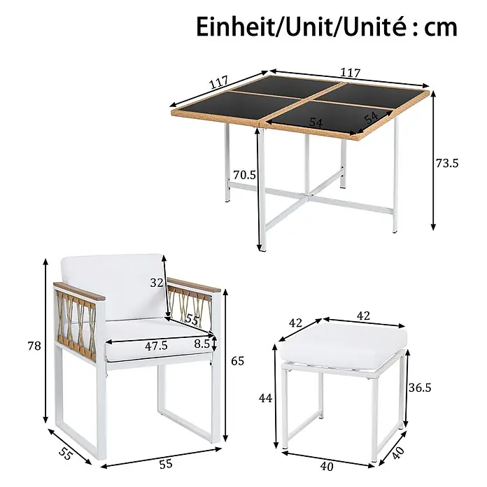 SONNENH Gartenmöbel-Set - 7 -tlg., Schaumstoff, Metall, Rattan, Textil, Natur/Weiß - Weißes und holzfarbenes Outdoor-Möbelset mit dunklem Tisch, Sessel und Hocker, alle mit weißen Kissen, inklusive Maßen.