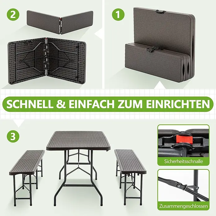 SONNENH Bierzeltgarnitur - 3 -tlg., Kunststoff, Klappbar, Braun - Faltbares Outdoor-Tischset aus dunkelbraunem Kunststoffgeflecht mit zwei Bänken, zusammengeklappt und aufgebaut gezeigt. Mit Sicherheitsmechanismen.