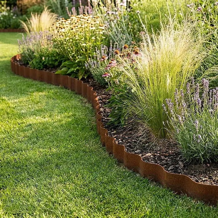 Bellissa Rasenkante Welle Corten - 500 x 14 cm, Rost, Metall - Wellenförmige Gartenumrandung aus rostigem Metall trennt einen grünen Rasen von einem Blumenbeet.