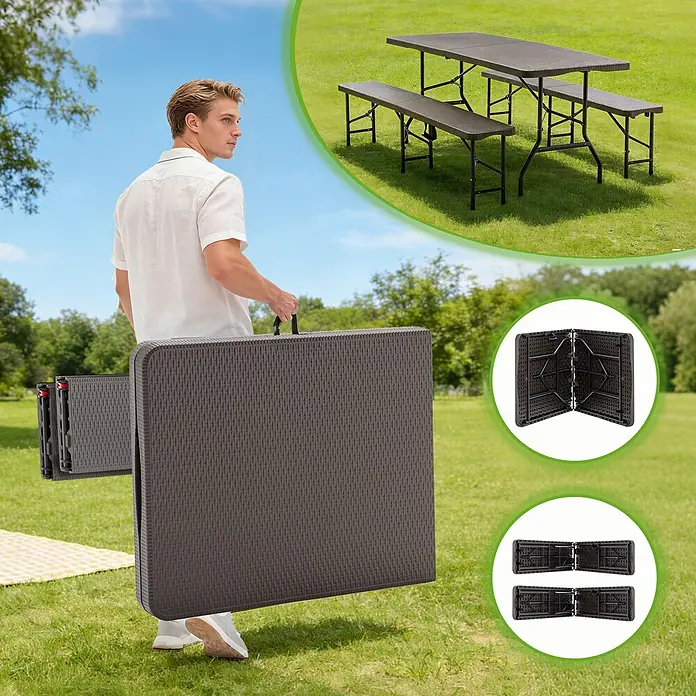 SONNENH Bierzeltgarnitur - 3 -tlg., Kunststoff, Klappbar, Braun - Tragbares braunes Picknickset aus Kunststoff in Rattanoptik, zusammenklappbar und im Freien aufgebaut.