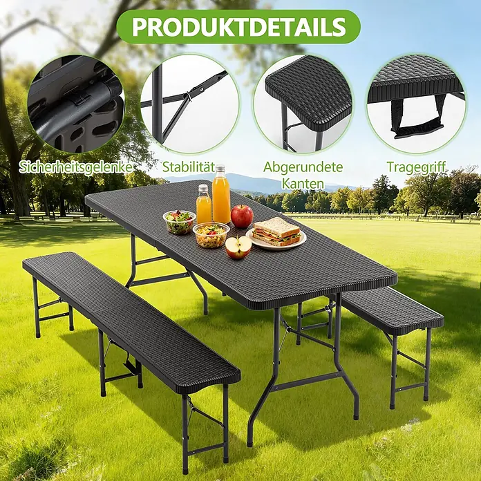 SONNENH Bierzeltgarnitur - 3 -tlg., Kunststoff, Klappbar, Schwarz - Schwarzes faltbares Picknick-Tischset mit zwei Bänken, mit Sicherheitsgelenken, abgerundeten Kanten und Tragegriff.